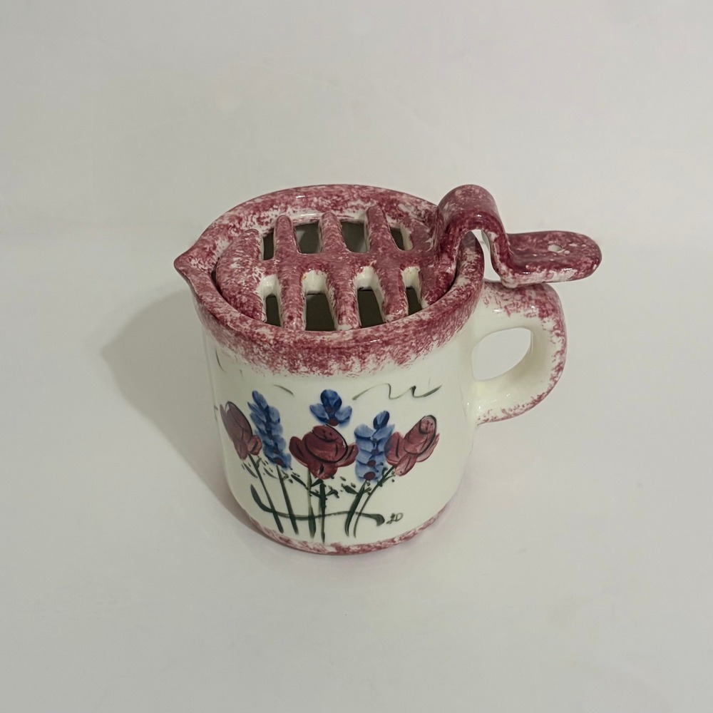 VINTAGE Flower Frog Vase Hand Painted Floral Spongeware Pottery Signed JD
